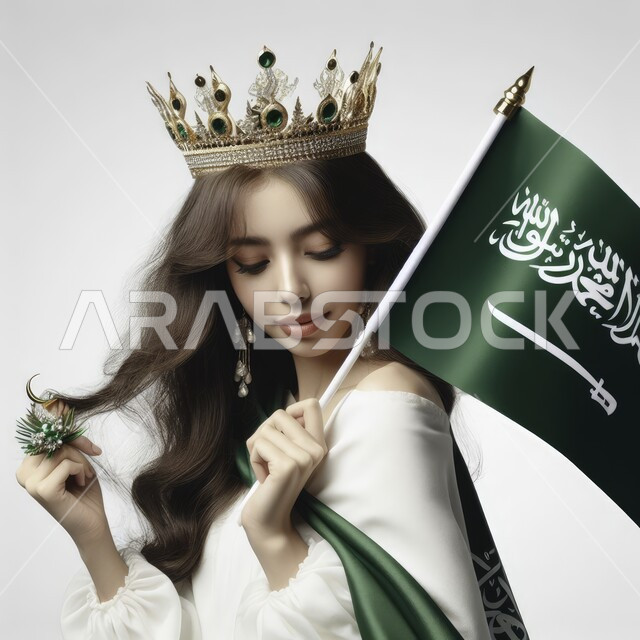 العيد الوطني لتوحيد المملكة 23 سبتمبر، بورتريه مقرب لفتاة عربية خليجية سعودية ترتدي الفستان الأبيض والتاج تقوم برفع علم السعودية على كتفها، يوم العلم السعودي 11 مارس، ذكرى اليوم الوطني السعودي، خلفية بيضاء
