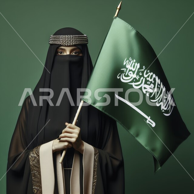 الإحتفال بالمناسبات والاعياد الوطنية، يوم العلم السعودي 11 مارس، مفهوم الفخر والاعتزاز بإنجازات البلاد، ذكرى اليوم الوطني 23 سبتمبر، بورتريه مقرب لفتاة عربية خليجية سعودية منقبة تحمل بيدها علم السعودية، رفع راية التوحيد والسلام، خلفية خضراء، كروما