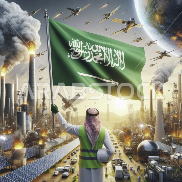 دور المهندسيين في التطور العمراني, الاحتفال بيوم العلم 11 مارس, إحياء ذكرى اليوم الوطني السعودي في 23 سبتمبر, صورة من الخلف لمهندس عربي سعودي خليجي يرتدي الزي التقليدي وسترة الحماية يحمل الخوذة البيضاء يقوم برفع علم المملكة بفخر واعتزاز