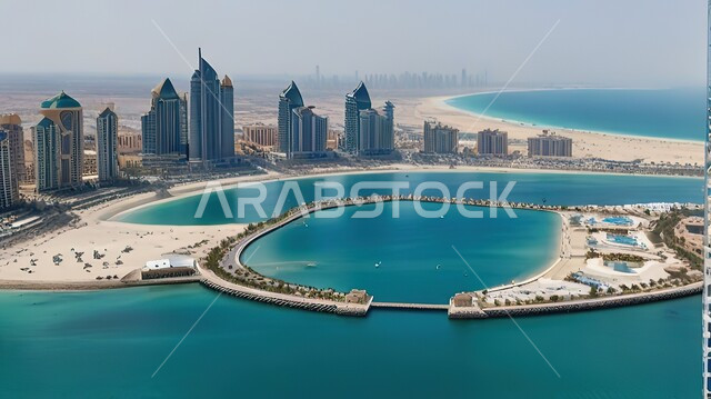 الواجهه البحرية على مرسى إمارة دبي، الفن الهندسي المعماري المتطور للمنشآت التجارية والسكنية، صورة جوية لمرفأ يخوت فاخرة في مارينا مول، معالم سياحية مشهورة، أبراج وناطحات السحاب في الإمارات العربية المتحدة