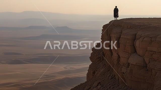 شاب عربي خليجي سعودي يقف فوق التضاريس الطبيعية والتكوينات والتشكلات الصخرية، قمم ومرتفعات سلسلة جبلية، أماكن ومناطق الطبيعة في المملكة العربية السعودية، الاستمتاع بتأمل المناظر الطبيعية