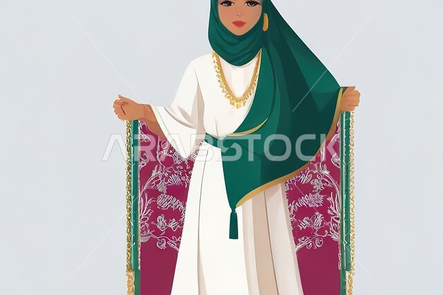 ارتداء الأزياء الشعبية في المناسبات الوطنية، مفهوم الأناقة والأنوثة، النظر الى الكاميرا بتعابير السرور، رسم ثلاثي الأبعاد لإمرأة عربية خليجية سعودية محجبة ترتدي زي تقليدي، خلفية رمادية