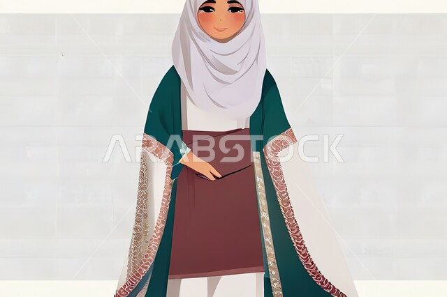Wearing popular costumes on national occasions, the concept of elegance and femininity, looking at the camera with expressions of pleasure, a 3D drawing of a veiled Saudi Arabian Gulf woman wearing a traditional costume, gray background