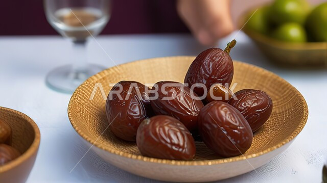 طبق نحاسي مزخرف مليء بالتمر السكري الصحي الطازج، وجبة ذات قيمة غذائية عالية، ضيافة رمضانية لذيذة، رطب من نخيل المملكة العربية السعودية، محاصيل ومنتجات زراعية محلية وطنية سعودية