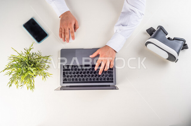 A 3D movie maker, a Gulf expert in the field of virtual world, special VR-box glasses for seeing 3D models, a working environment, a white background.