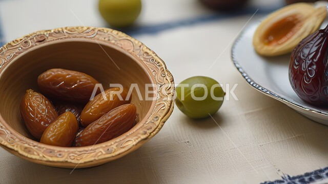 وجبة ذات قيمة غذائية عالية، ضيافة رمضانية لذيذة، رطب من نخيل المملكة العربية السعودية، محاصيل ومنتجات زراعية محلية وطنية سعودية، طبق نحاسي مزخرف مليء بالتمر السكري الصحي الطازج