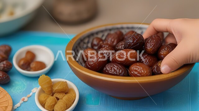 محاصيل ومنتجات زراعية محلية وطنية سعودية، طبق نحاسي مزخرف مليء بالتمر السكري الصحي الطازج، وجبة ذات قيمة غذائية عالية، ضيافة رمضانية لذيذة، رطب من نخيل المملكة العربية السعودية