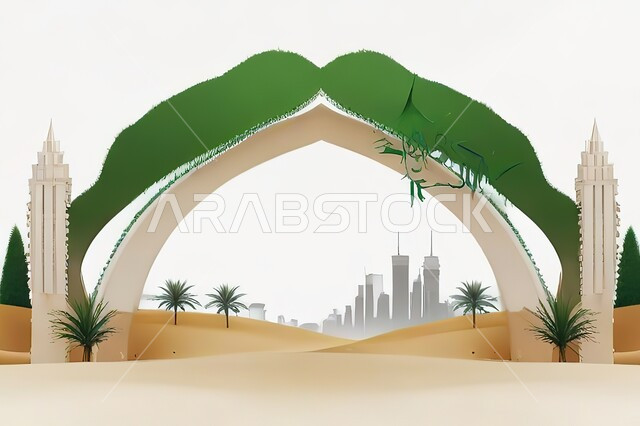  باب تراثي مفتوح على الرمال الذهبية في البراري، مفهوم الدخول والخروج الى العالم الخارجي، زراعة أشجار النخيل والرطب في المملكة العربية السعودية، عرض ثلاثي الأبعاد لبوابة خشبية وسط الصحراء