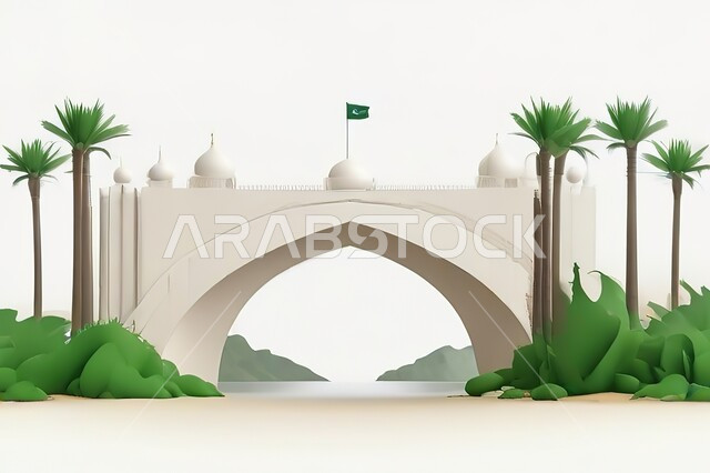 عرض ثلاثي الأبعاد لبوابة خشبية وسط الصحراء، باب تراثي مفتوح على الرمال الذهبية في البراري، مفهوم الدخول والخروج الى العالم الخارجي، زراعة أشجار النخيل والرطب في المملكة العربية السعودية