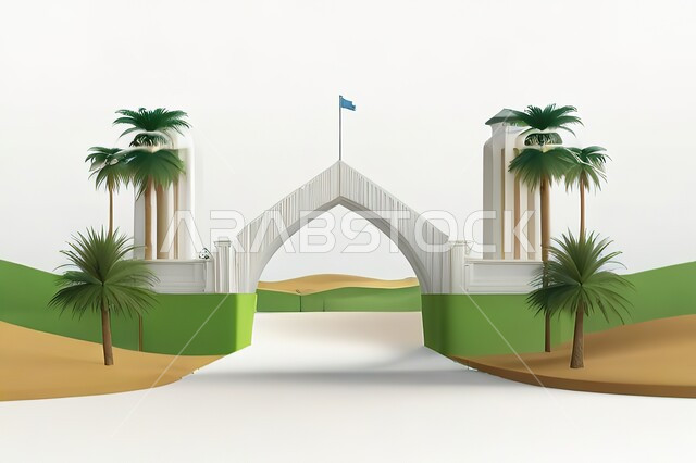  باب تراثي مفتوح على الرمال الذهبية في البراري، مفهوم الدخول والخروج الى العالم الخارجي، زراعة أشجار النخيل والرطب في المملكة العربية السعودية، عرض ثلاثي الأبعاد لبوابة خشبية وسط الصحراء