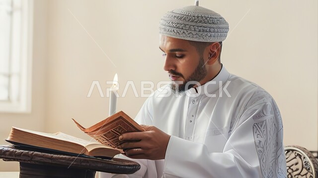 A feeling of reverence and tranquility, quiet spiritual Islamic sessions in the holy month of Ramadan, an Arab Gulf Omani man wearing traditional Islamic clothing reciting the Qur’an, worshiping and getting closer to God Almighty.
