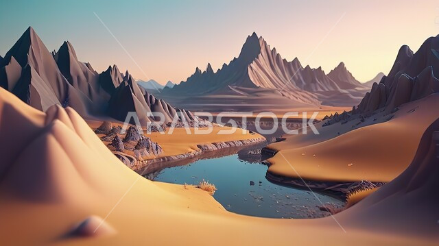 بحيرة مائية بين الجبال والقمم والمرتفعات الصخرية، الاستمتاع بالمناظر الطبيعية، الرمال الذهبية الناعمة في صحاري المملكة العربيه السعودية، خلفية البيئة الصحراوية