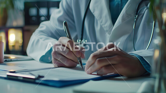 تقديم الخدمات العلاجية في المراكز الطبية والمستشفيات، تسجيل وتدوين معلومات وملفات المرضى, صورة مقربة لطبيب عربي خليجي سعودي يرتدي المعطف الطبي الأبيض, مفهوم الرعاية الصحية في السعودية
