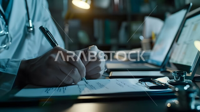 تقديم الخدمات العلاجية في المراكز الطبية والمستشفيات، تسجيل وتدوين معلومات وملفات المرضى, صورة مقربة لطبيب عربي خليجي سعودي يرتدي المعطف الطبي الأبيض, مفهوم الرعاية الصحية في السعودية