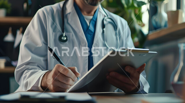 Providing therapeutic services in medical centers and hospitals, recording and writing down patient information and files, a close-up photo of a Saudi Gulf Arab doctor wearing a white medical coat, the concept of health care in Saudi Arabia