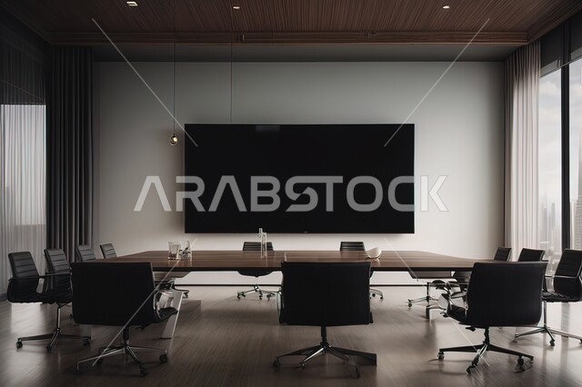 A work office equipped with a TV screen, office rooms with sophisticated interior designs and decorations, modern modern design for Saudi corporate offices, a spacious meeting room with a table surrounded by luxurious chairs