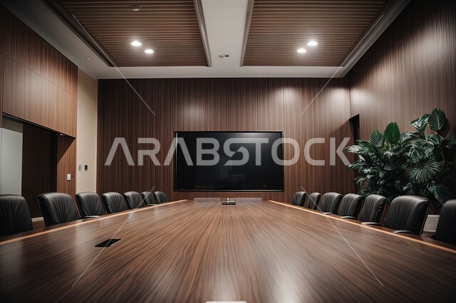 A work office equipped with a TV screen, office rooms with sophisticated interior designs and decorations, modern modern design for Saudi corporate offices, a spacious meeting room with a table surrounded by luxurious chairs