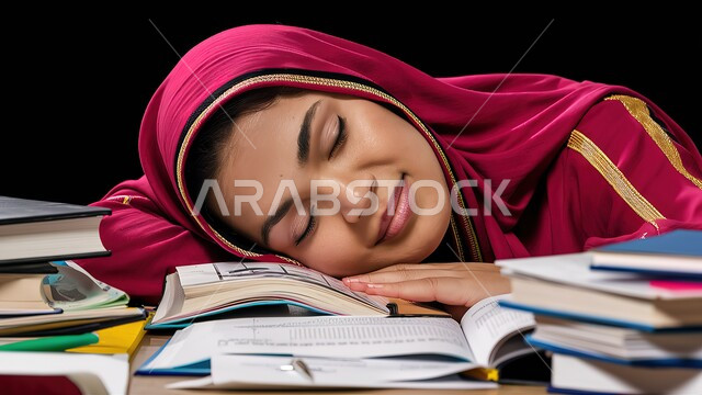 التعب والاجهاد أثناء المذاكرة, أهمية الراحة والنوم الجيد في تعزيز الصحة العقلية والجسدية للطلاب، صورة مقربة لطالبة عربية سعودية خليجية ترتدي الحجاب والعباءة الملونة تأخذ قيلولة أثناء مذاكرتها للدروس، الدراسة لساعات متأخرة في الليل