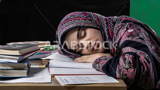 التعب والاجهاد أثناء المذاكرة, أهمية الراحة والنوم الجيد في تعزيز الصحة العقلية والجسدية للطلاب، صورة مقربة لطالبة عربية سعودية خليجية ترتدي الحجاب والعباءة الملونة تأخذ قيلولة أثناء مذاكرتها للدروس، الدراسة لساعات متأخرة في الليل