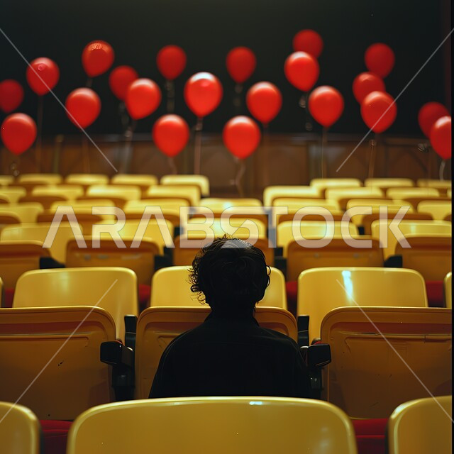 Red decorations and balloons to celebrate Valentine’s Day, a picture from behind of a young Saudi Gulf Arab man sitting on a chair in the movie theater, watching favorite TV series and programs.
