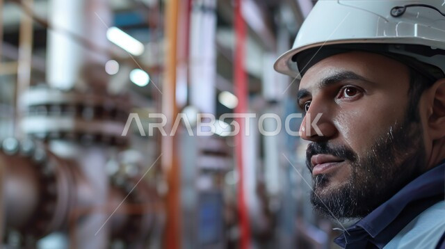 مفهوم إدارة الأعمال, صورة مقربة لمهندس عربي خليجي يرتدي خوذة الوقاية ينظر الى شيء ما بإيماءات الجدية والحزم، الإشراف على العملية الانتاجية، تحقيق الأهداف والاستراتيجيات، الخبرة والاحترافية في العمل