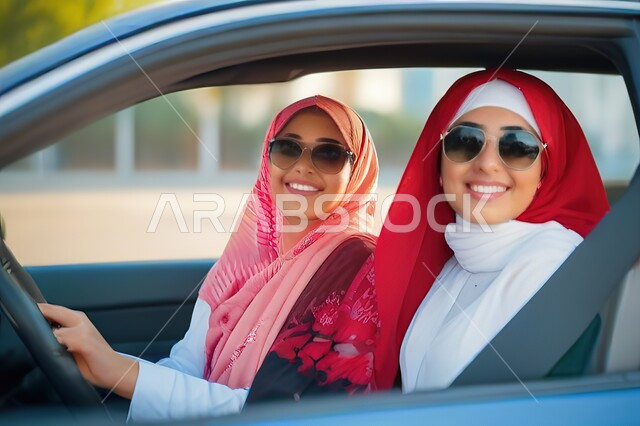 مفهوم الاستقلال والاعتماد على الذات, صورة مقربة لإمرأة عربية خليجية سعودية ترتدي الحجاب والعباءة تقوم بقيادة سيارتها مع صديقتها، حرية القيادة للنساء السعوديات، قضاء أوقات ممتعه مع العائلة، الاعتماد على النفس في التنقل و المواصلات