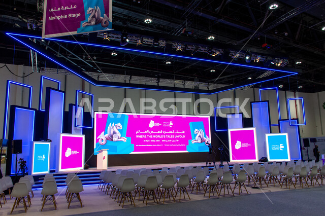 A hall for cultural lectures and seminars, the phrase “Here We Tell the Stories of the World,” the world of books and publishing, the logo of the Abu Dhabi International Book Fair 2024 on a large electronic screen, exhibitions and events in the United Arab Emirates, famous landmarks and tourist places in the Emirate of Abu Dhabi.