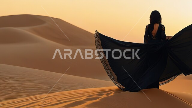 البيئة الصحراوية في المملكة العربية السعودية, التشكيلات والتكوينات الرملية في الصحراء, أماكن المغامرات والرحلات السياحية الممتعة, صورة من الخلف لإمرأة عربية خليجية سعودية ترتدي فستان أسود تقوم بقضاء وقت ممتع