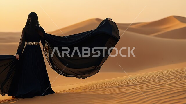 The desert environment in the Kingdom of Saudi Arabia, sand formations and formations in the desert, places of adventure and fun tourist trips, a picture from the back of a Saudi Gulf Arab woman wearing a black dress having a good time.