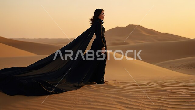 التشكيلات والتكوينات الرملية في الصحراء, أماكن المغامرات والرحلات السياحية الممتعة, صورة من الجانب لإمرأة عربية خليجية سعودية ترتدي فستان أسود تنظر إلى شيء ما, البيئة الصحراوية في المملكة العربية السعودية