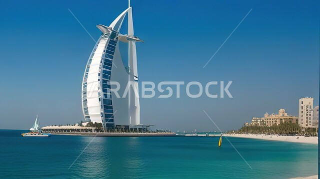 فندق برج العرب في مدينة دبي، النمو والتطور العمراني على ساحل الخليج العربي، الواجهة السياحية في الامارات العربية المتحدة، الفن الهندسي المعماري للأبراج وناطحات السحاب، جذب واستقطاب السياح من انحاء العالم