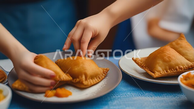 فطائر مقلية متنوعة الحشوات، أطباق ووصفات المأكولات والأطعمة العربية الشرقية السعودية اللذيذة، طبق من السمبوسك المقرمشة على سفرة العشاء, مقبلات ووجبات شهية