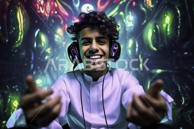 أنشطة ترفيهية شبابية ممتعه ومسلية, صورة مقربة لشاب مراهق عربي خليجي سعودي يرتدي الثوب التقليدي وسماعة الرأس يلعب بألعاب الفيديو بإيماءات الحماس والسعادة, التسلية والترفيه وقضاء الوقت الممتع