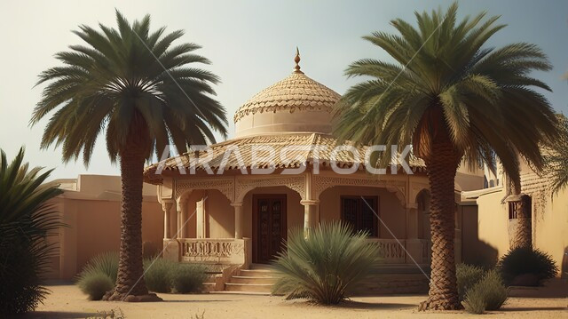 الفن الهندسي المعماري لبناء المنازل على الطراز العربي القديم في أحياء المملكة العربية السعودية, أشجار النخيل والنباتات الخضراء المزروعة في الأماكن السكنية, التصاميم الهندسية التقليدية
