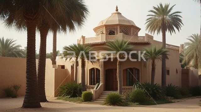 الفن الهندسي المعماري لبناء المنازل على الطراز العربي القديم في أحياء المملكة العربية السعودية, أشجار النخيل والنباتات الخضراء المزروعة في الأماكن السكنية, التصاميم الهندسية التقليدية