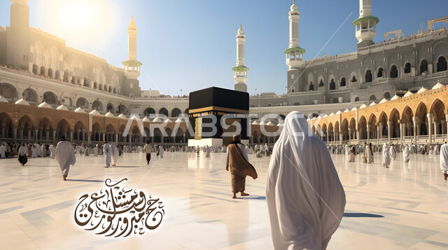 مخطوطة حج مبرور وسعي مشكور, الدعاء و الطلب من الله تعالى, حجاج بيت الله الحرام أمام الكعبة المشرفة في مكة المكرمة في المملكة العربية السعودية, قدوم المسلمين من شتى أنحاء العالم لأداء مناسك الحج و العمرة, اسلاميات و عبادة