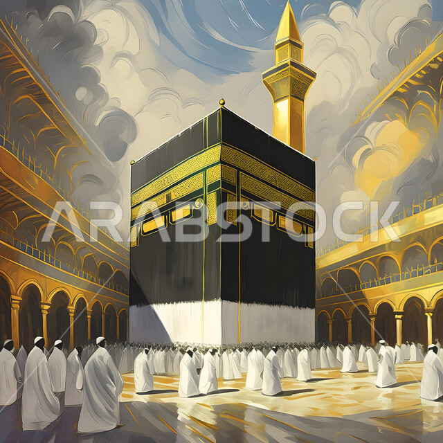 الدعاء و الطلب من الله تعالى, رسوم توضيحية لحجاج بيت الله الحرام يرتدون ملابس الإحرام أمام الكعبة المشرفة في مكة المكرمة في المملكة العربية السعودية, أداء مناسك الحج و العمرة, اسلاميات و عبادة