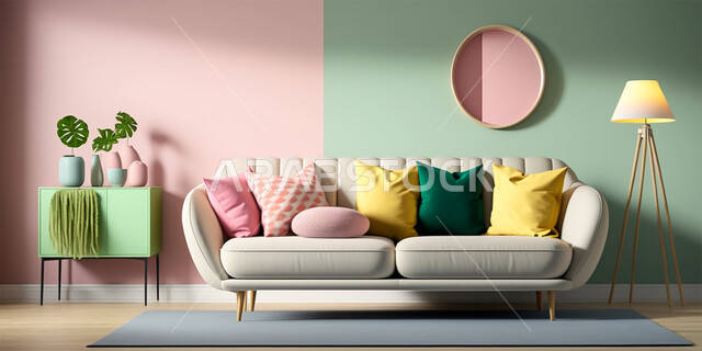 تصميم داخلي حديث لشقة سكنية، التصاميم والديكورات الداخلية لغرفة معيشة بأثاث منزلي راقي، اختيار الألوان المناسبة والتنسيق بين الأثاث والإكسسوارات، استخدام المفروشات ذو التصاميم العصرية