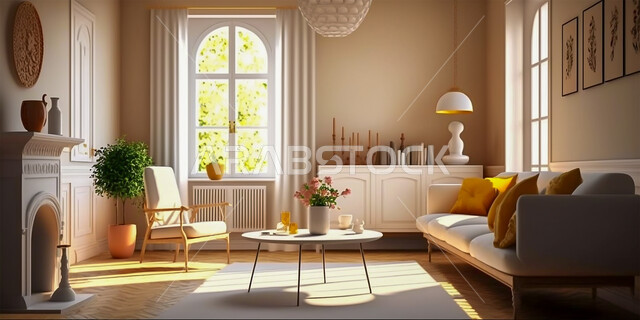 التصاميم والديكورات الداخلية لغرفة معيشة بأثاث منزلي راقي، اختيار الألوان المناسبة والتنسيق بين الأثاث والإكسسوارات، استخدام المفروشات العصرية، تصميم داخلي حديث لشقق وفلل سكنية