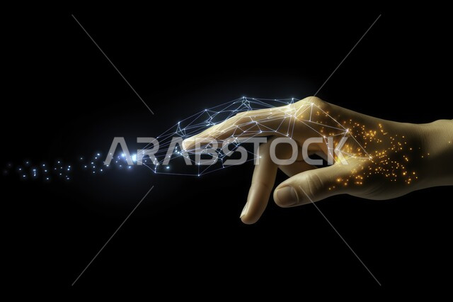استخدام حاسة اللمس لتحريك عنصر ما, صورة مقربه ليد رجل عربي خليجي سعودي مدموجه مع خطوط  مضيئه هولوجراميه  ثلاثية الابعاد على خلفية سوداء، مفهوم شبكات الاتصال ، التواصل الاجتماعي عبر التقنيه والتكنولوجيا الحديثه، رؤيه مستقبلية سعوديه 2030