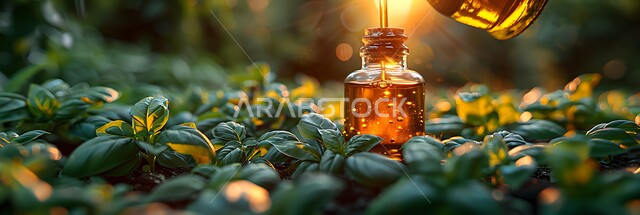 Local Saudi national products and crops, the concept of self-sufficiency, the olive harvest and pressing season, a close-up of oil pouring from a bottle of golden olive oil into a bowl