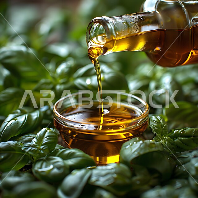 The concept of self-sufficiency, the olive harvest and pressing season, a close-up of oil pouring from a bottle of golden olive oil into a bowl, local Saudi national products and crops