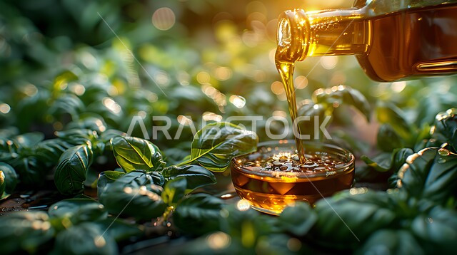  منتجات ومحاصيل  وطنية محلية سعودية، مفهوم الاكتفاء الذاتي، موسم حصاد الزيتون وعصره، صورة مقربة لسكب الزيت من زجاجة زيت الزيتون الذهبي في وعاء