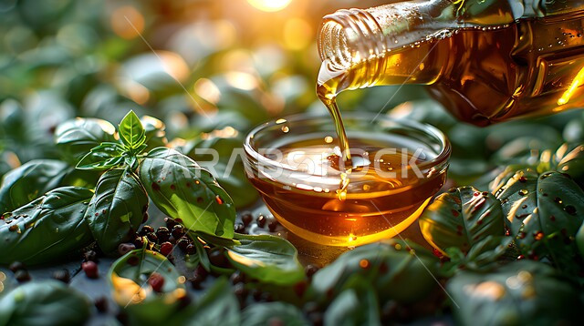 مفهوم الاكتفاء الذاتي، موسم حصاد الزيتون وعصره، صورة مقربة لسكب الزيت من زجاجة زيت الزيتون الذهبي في وعاء، منتجات ومحاصيل  وطنية محلية سعودية