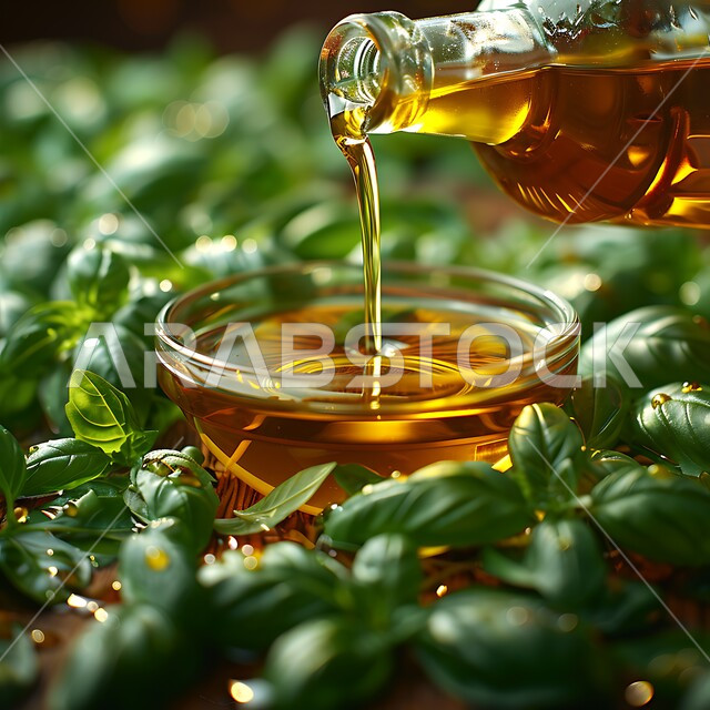 مفهوم الاكتفاء الذاتي، موسم حصاد الزيتون وعصره، صورة مقربة لسكب الزيت من زجاجة زيت الزيتون الذهبي في وعاء، منتجات ومحاصيل  وطنية محلية سعودية