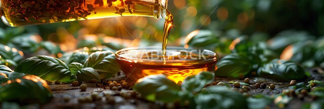  منتجات ومحاصيل  وطنية محلية سعودية، مفهوم الاكتفاء الذاتي، موسم حصاد الزيتون وعصره، صورة مقربة لسكب الزيت من زجاجة زيت الزيتون الذهبي في وعاء