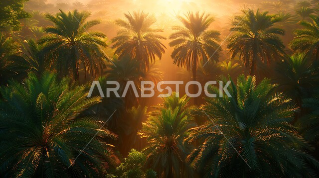 A natural reserve for growing palm trees during the day, agricultural fields and lands, a national local Arab product, the Saudi date and dates crop, an aerial photo of green palm farms in the Kingdom of Saudi Arabia