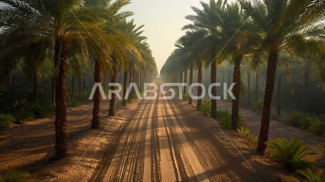 محميه طبيعيه لزراعة اشجار النخل في النهار، حقول واراضي زراعيه، منتج عربي محلي وطني، محصول التمر والرطب السعودي، صورة جوية لمزارع النخيل الخضراء في المملكة العربية السعودية