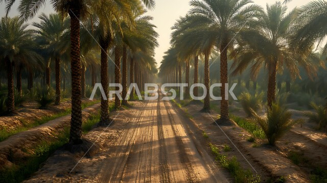 محميه طبيعيه لزراعة اشجار النخل في النهار، حقول واراضي زراعيه، منتج عربي محلي وطني، محصول التمر والرطب السعودي، صورة جوية لمزارع النخيل الخضراء في المملكة العربية السعودية