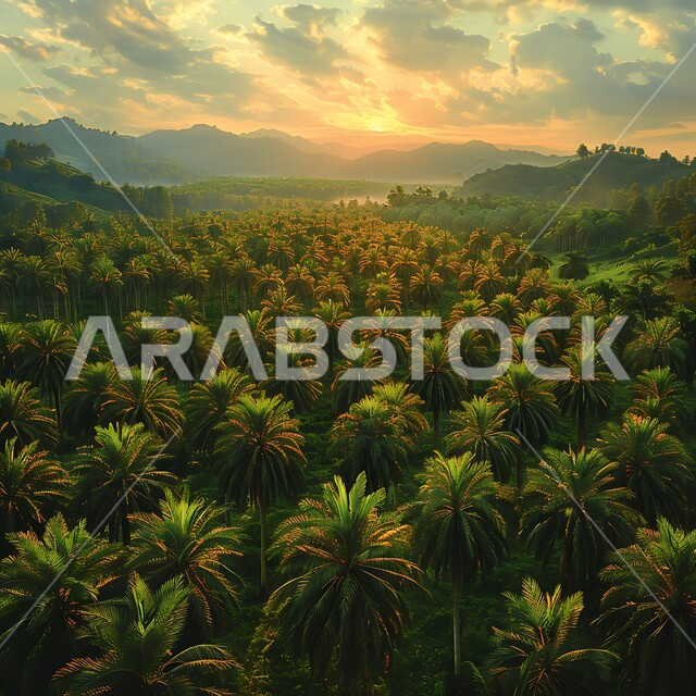 A natural reserve for growing palm trees during the day, agricultural fields and lands, a national local Arab product, the Saudi date and dates crop, an aerial photo of green palm farms in the Kingdom of Saudi Arabia